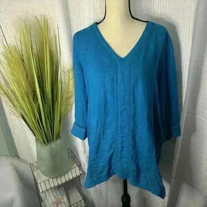 Soft Surroundings Womens L Teal 100% Linen Lagenlook Boho 3/4 Sleeve V Neck Top